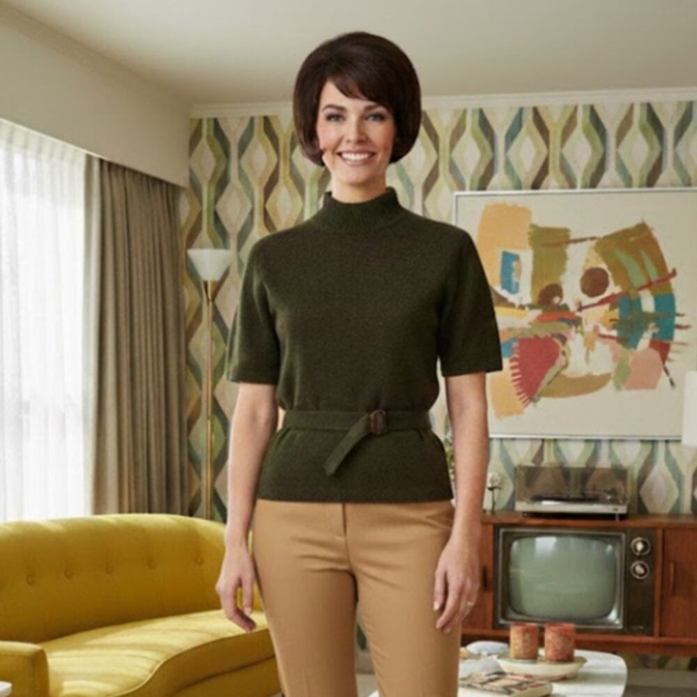Vintage 60s Belted Tunic 100% Wool Mock Neck Sweater Women M Carol Brady Retro